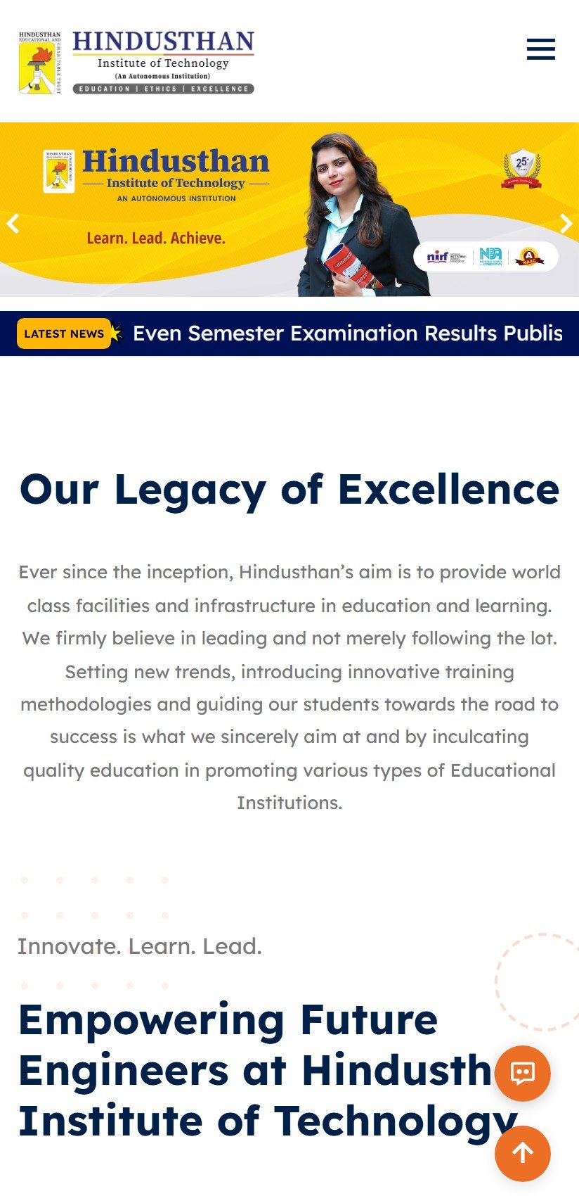 Hindusthan Institute of Technology Website - Mobile View