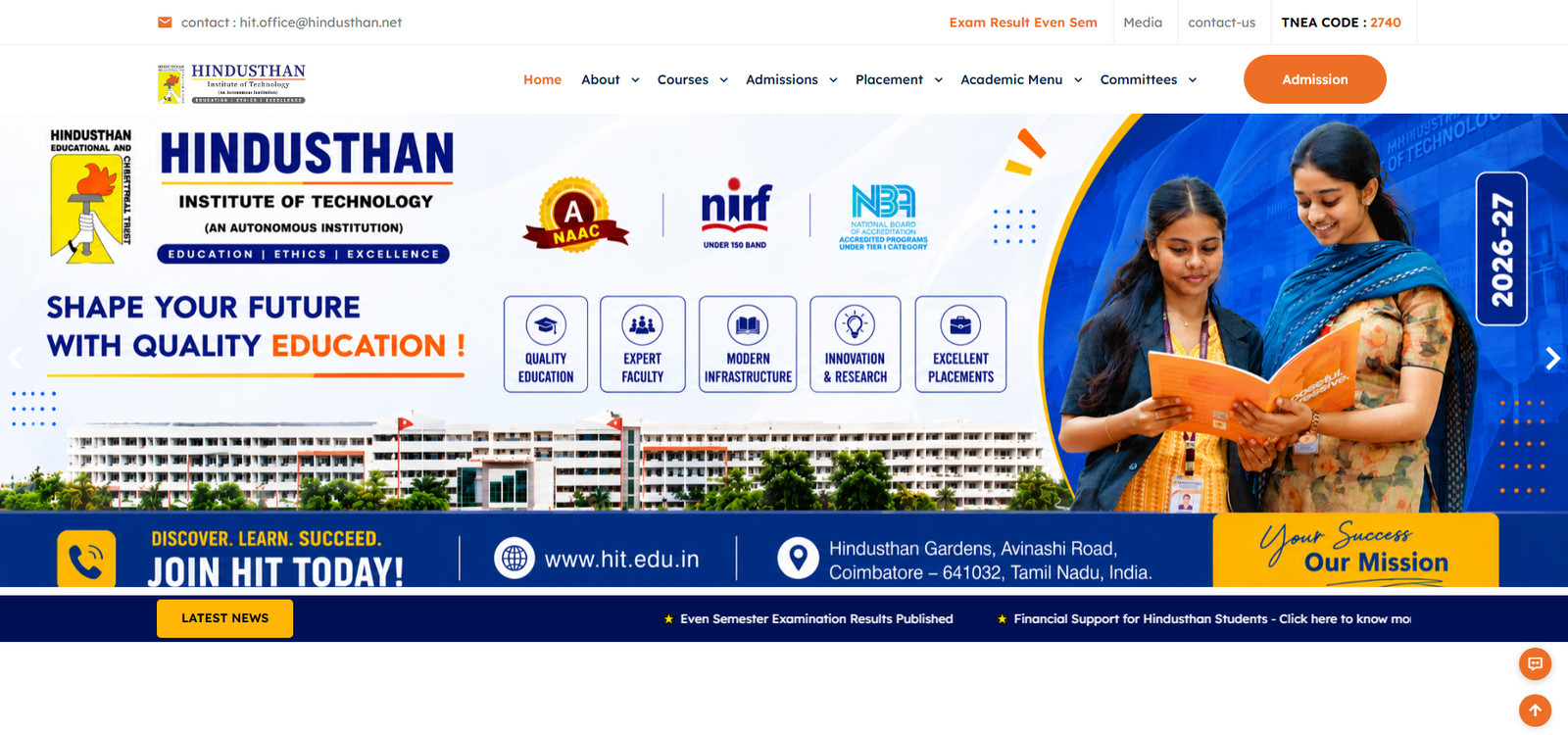 Hindusthan Institute of Technology Website - Desktop View